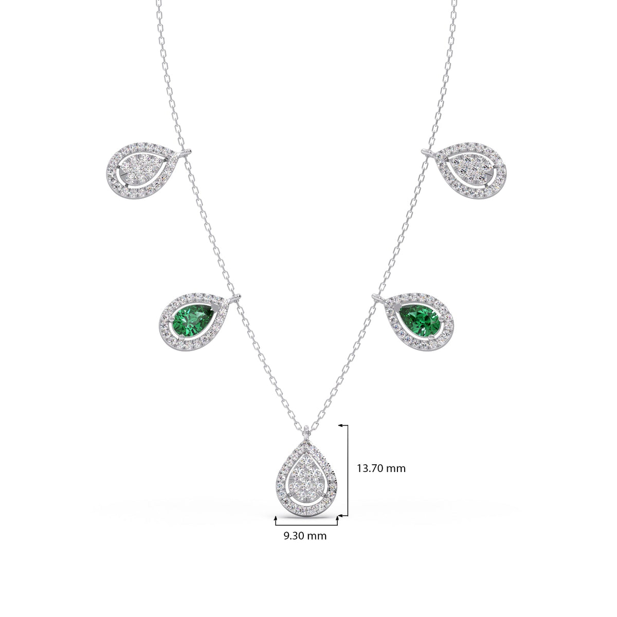 Round Diamond with Pear Shape Green Gemstone Necklace