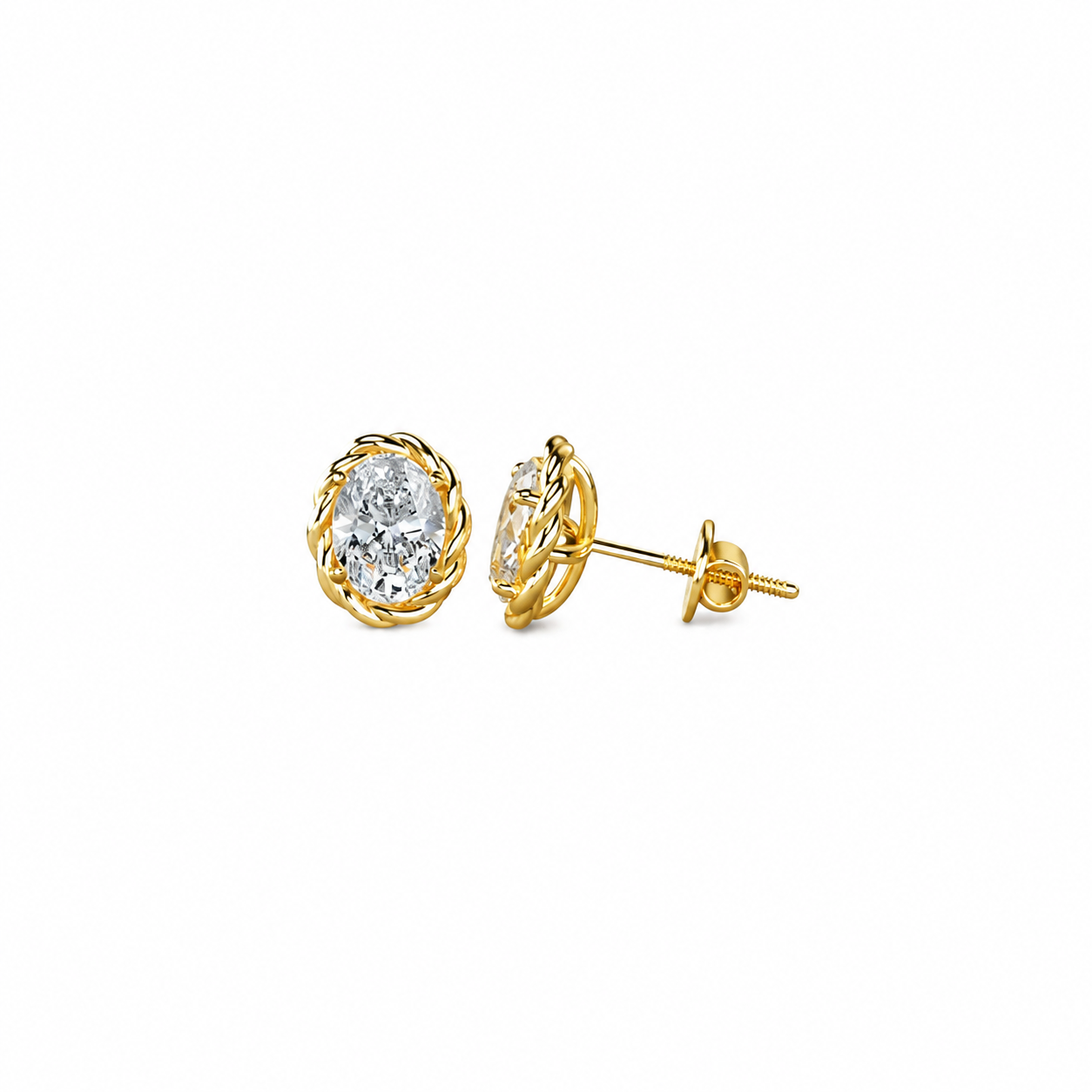 Oval Cut Diamond Stud Earrings with Twisted Rope Frame