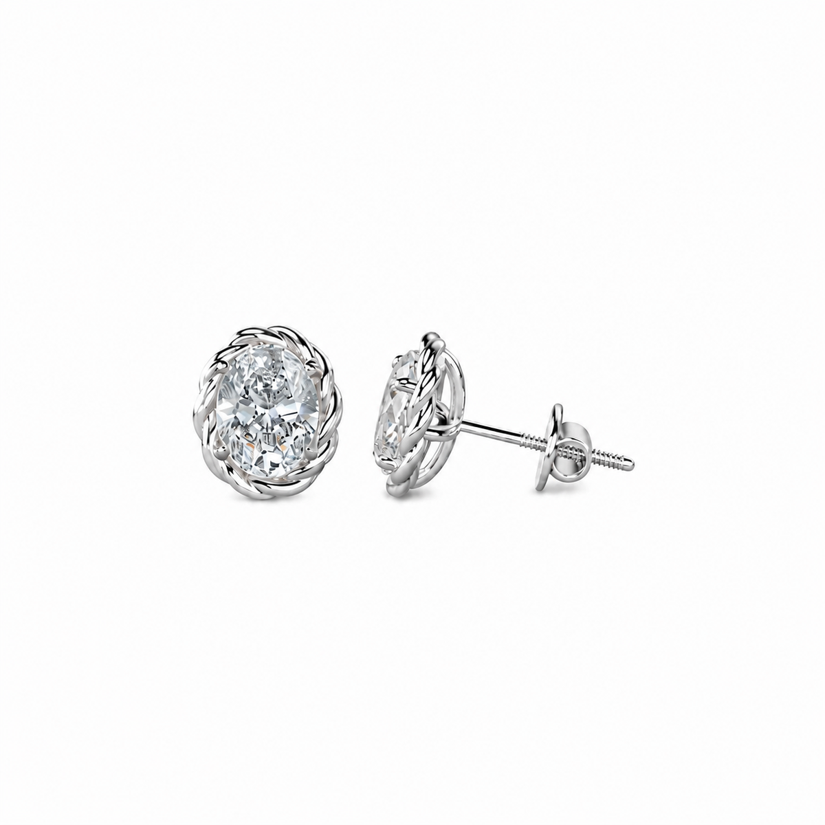 Oval Cut Diamond Stud Earrings with Twisted Rope Frame