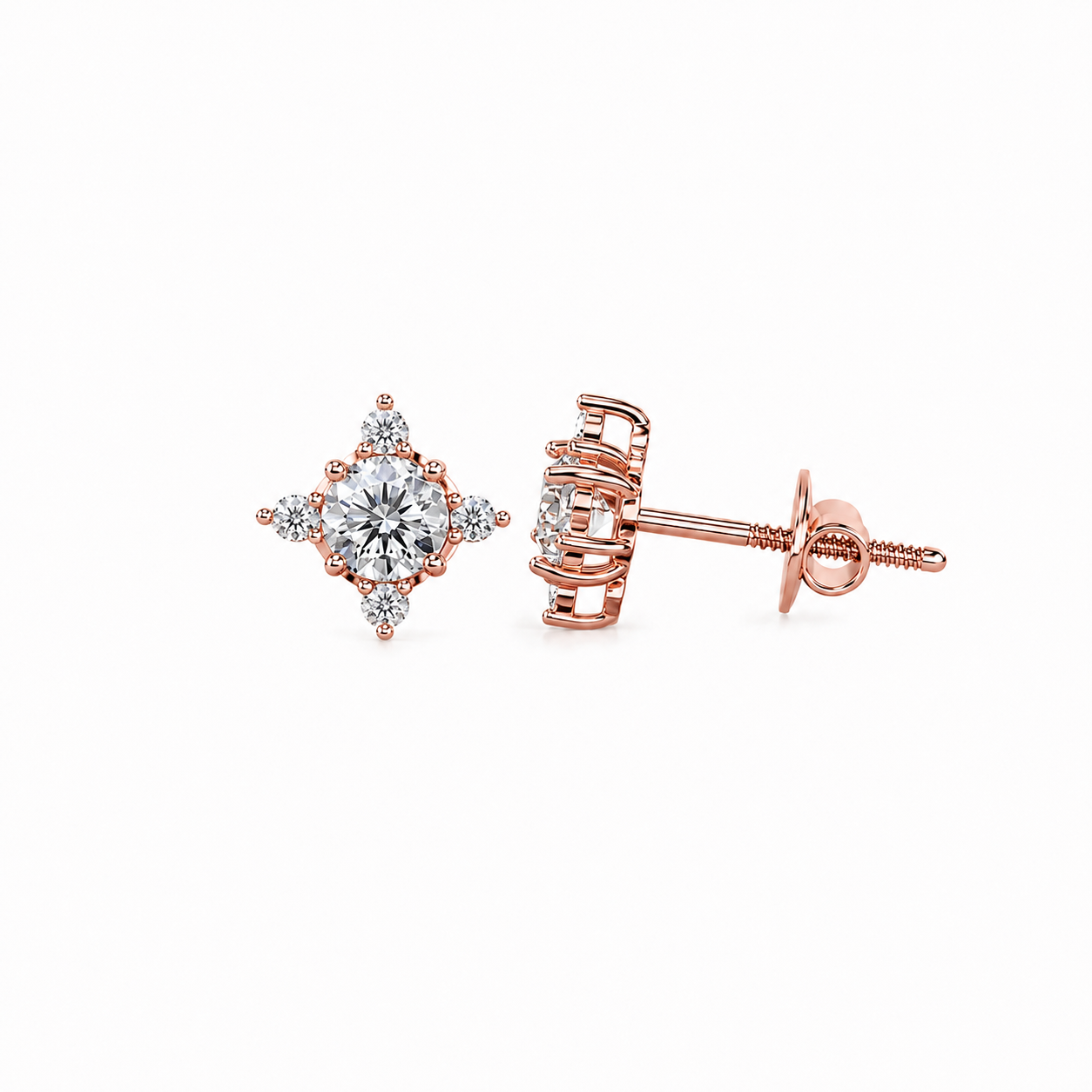 Round Cut Diamond Flower Cluster Stud Earrings
