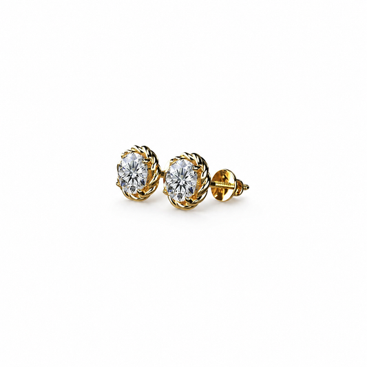 Round Cut Diamond Stud Earrings with Twisted Rope Frame