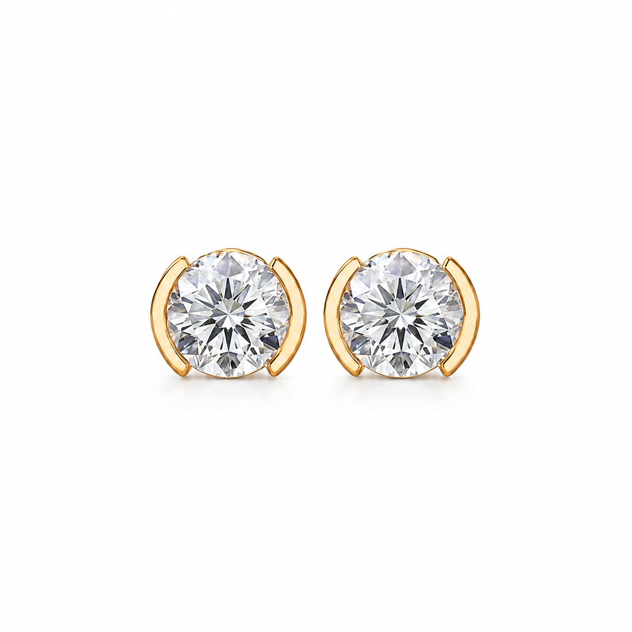 Round Shape Diamond Stud Earrings with Half Bezel Setting