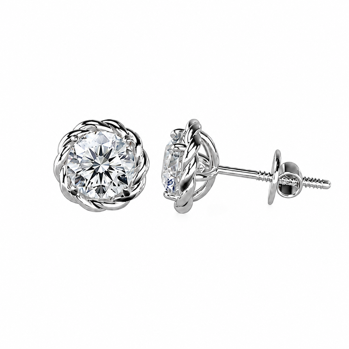 Round Cut Diamond Stud Earrings with Twisted Rope Frame