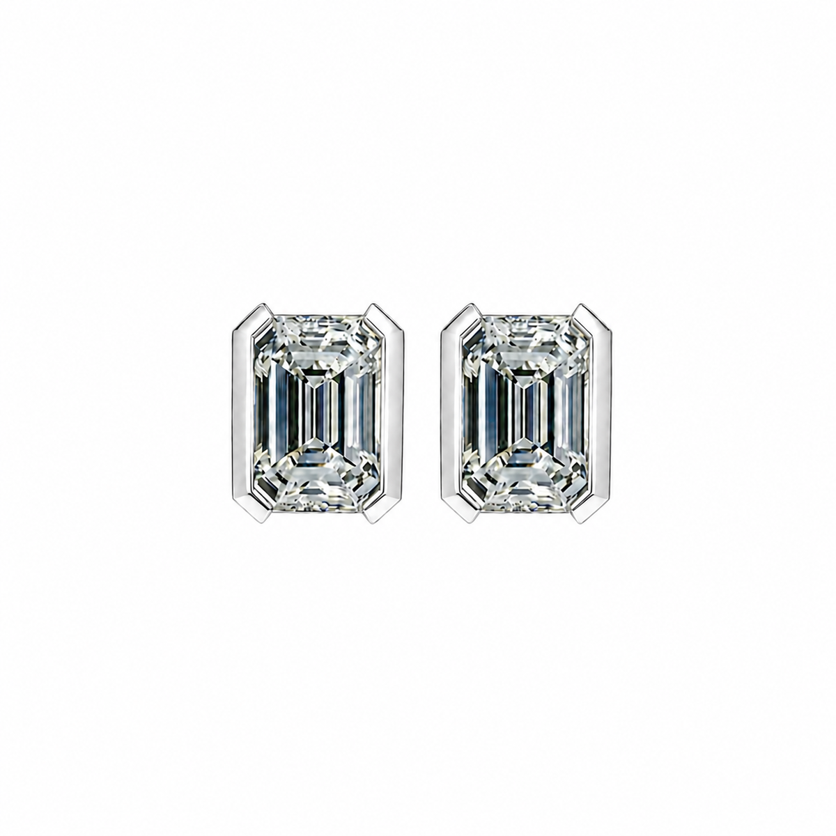 Emerald Cut Diamond Stud Earrings with Half Bezel Setting