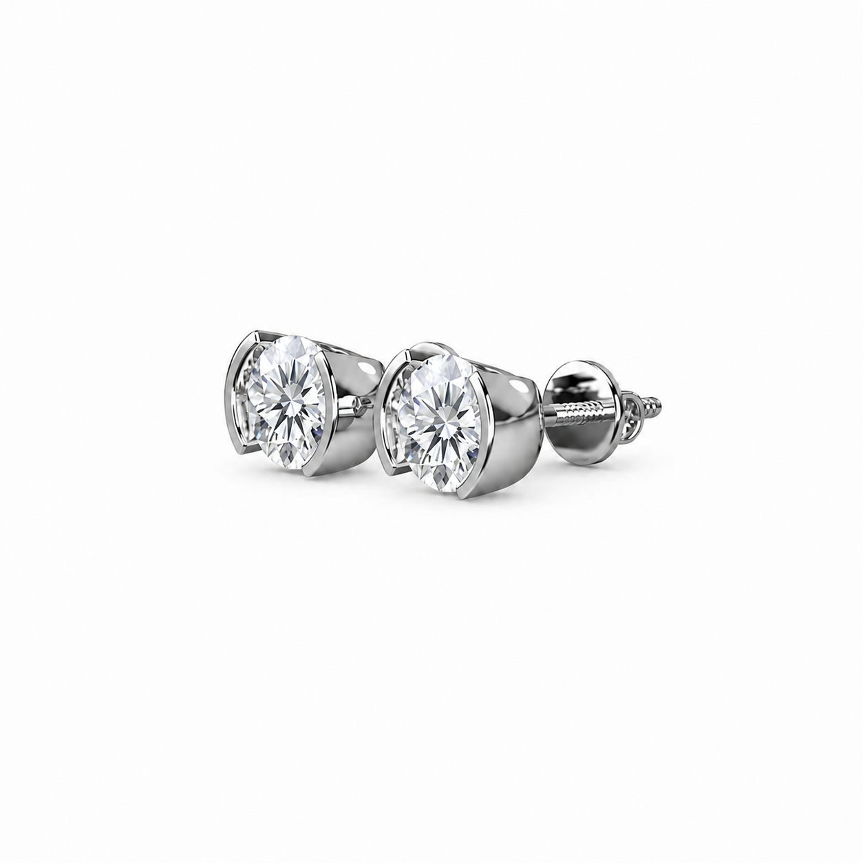 Round Shape Diamond Stud Earrings with Half Bezel Setting