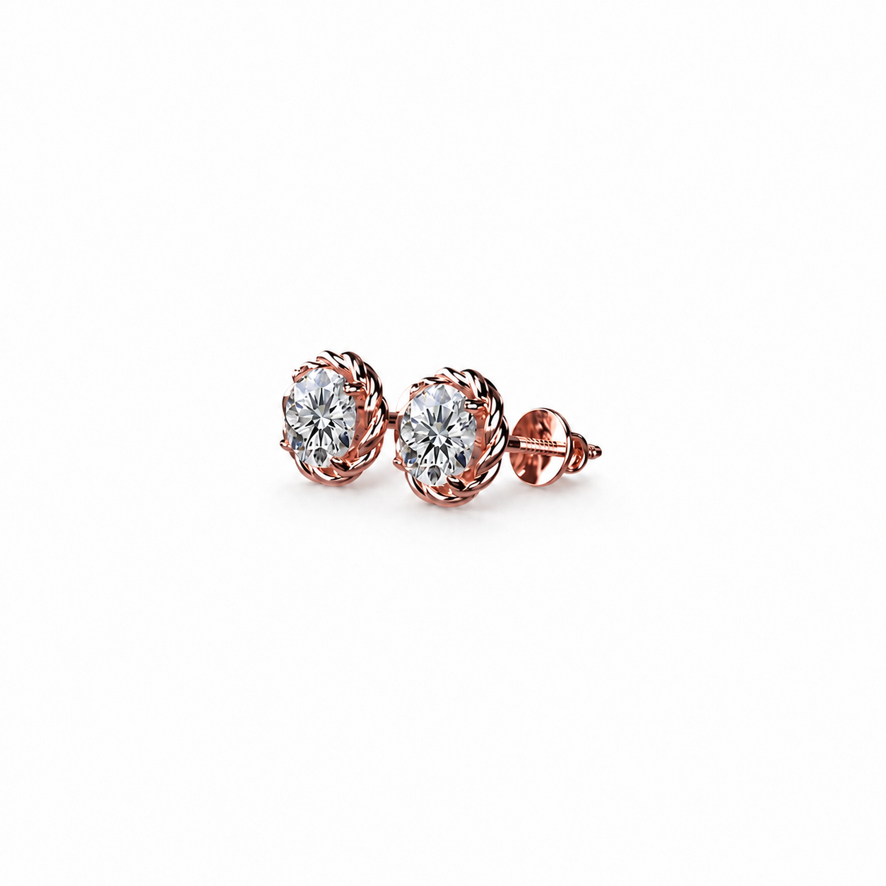 Round Cut Diamond Stud Earrings with Twisted Rope Frame