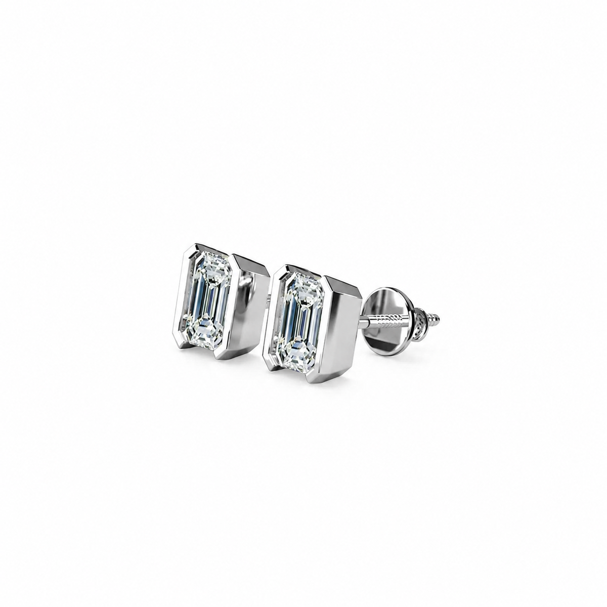 Emerald Cut Diamond Stud Earrings with Half Bezel Setting