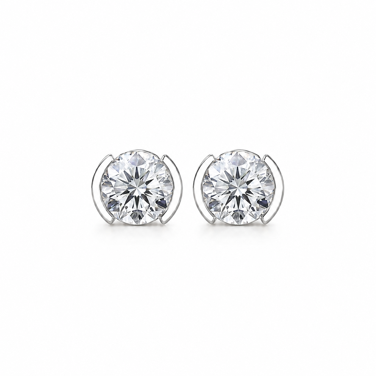 Round Shape Diamond Stud Earrings with Half Bezel Setting
