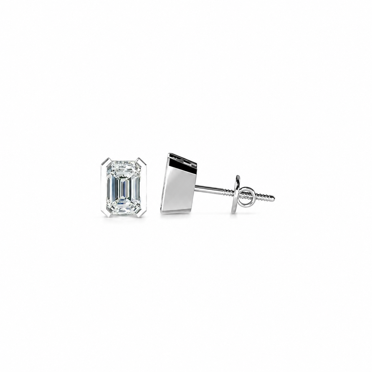 Emerald Cut Diamond Stud Earrings with Half Bezel Setting