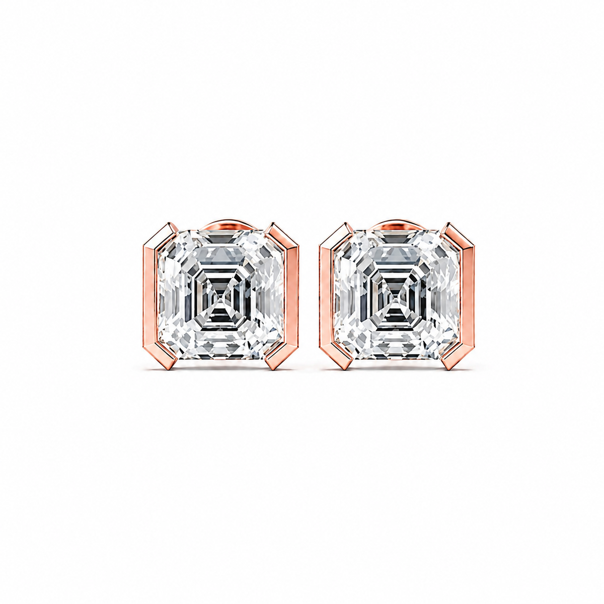 Asscher Cut Diamond Stud Earrings with Half Bezel Setting
