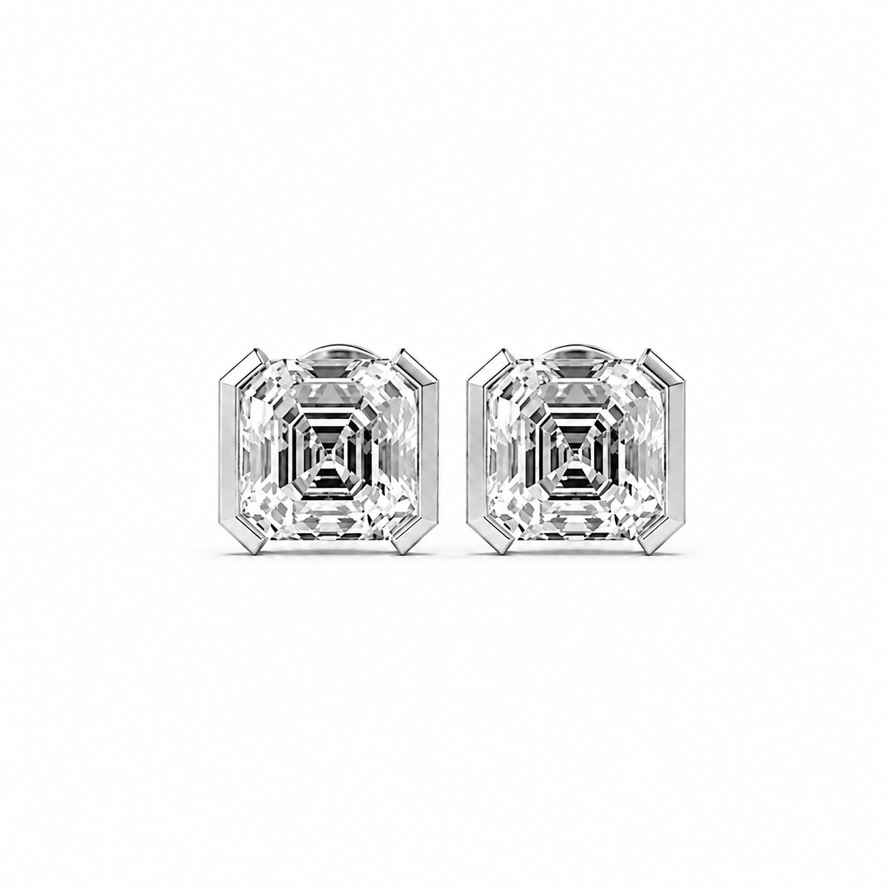 Asscher Cut Diamond Stud Earrings with Half Bezel Setting