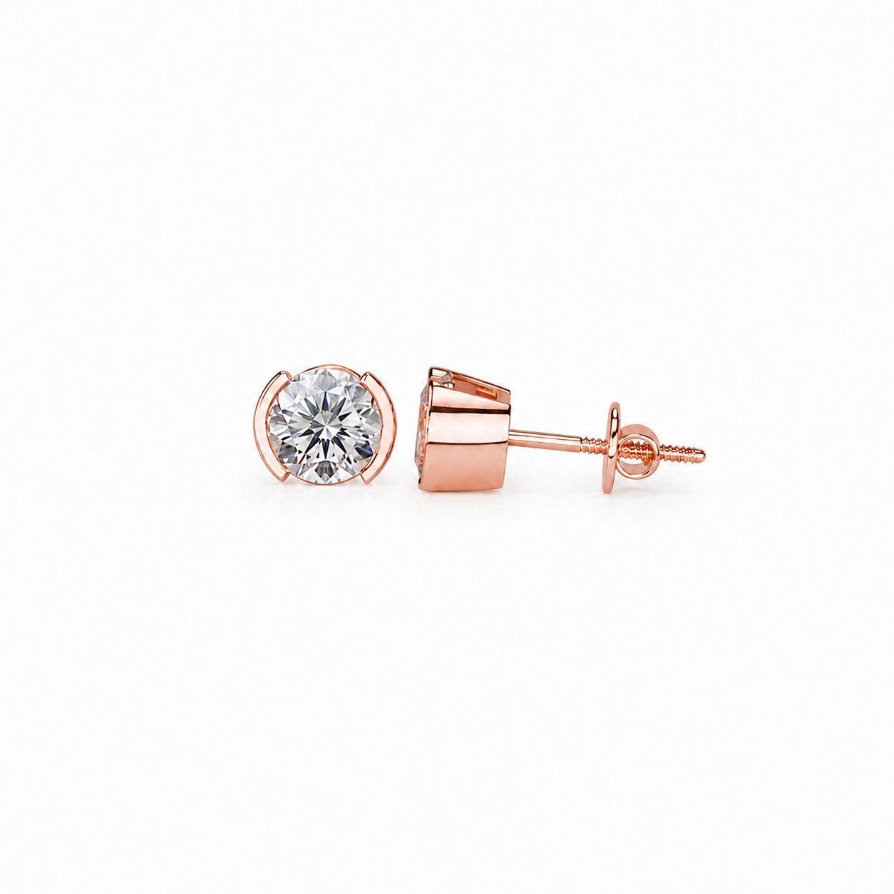 Round Shape Diamond Stud Earrings with Half Bezel Setting