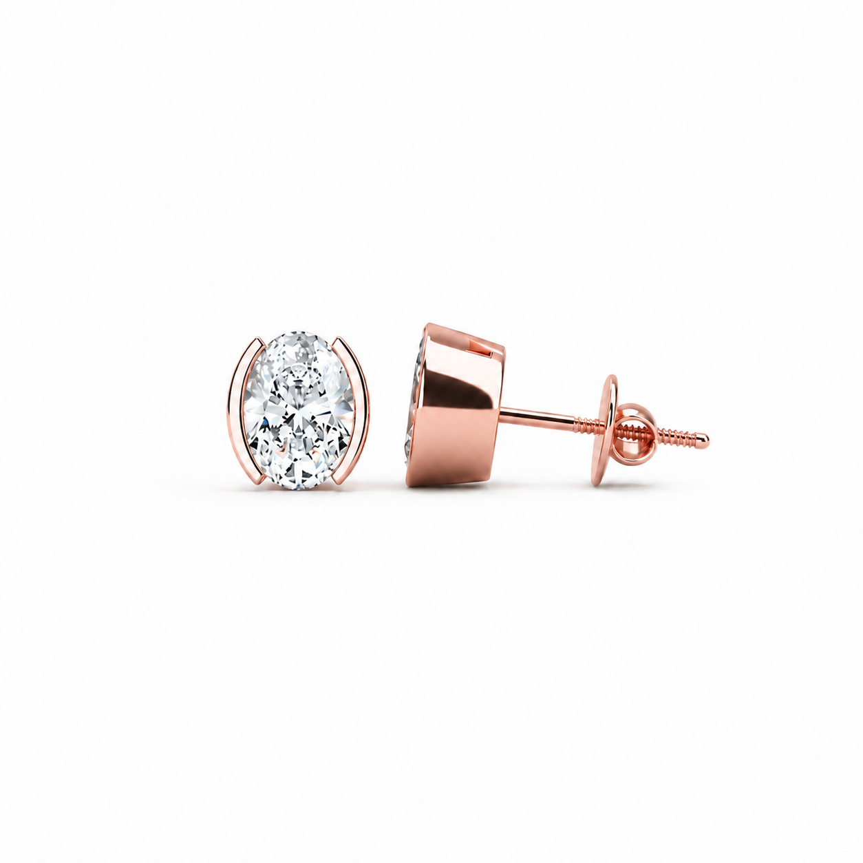 Oval Cut Diamond Stud Earrings with Half Bezel Setting
