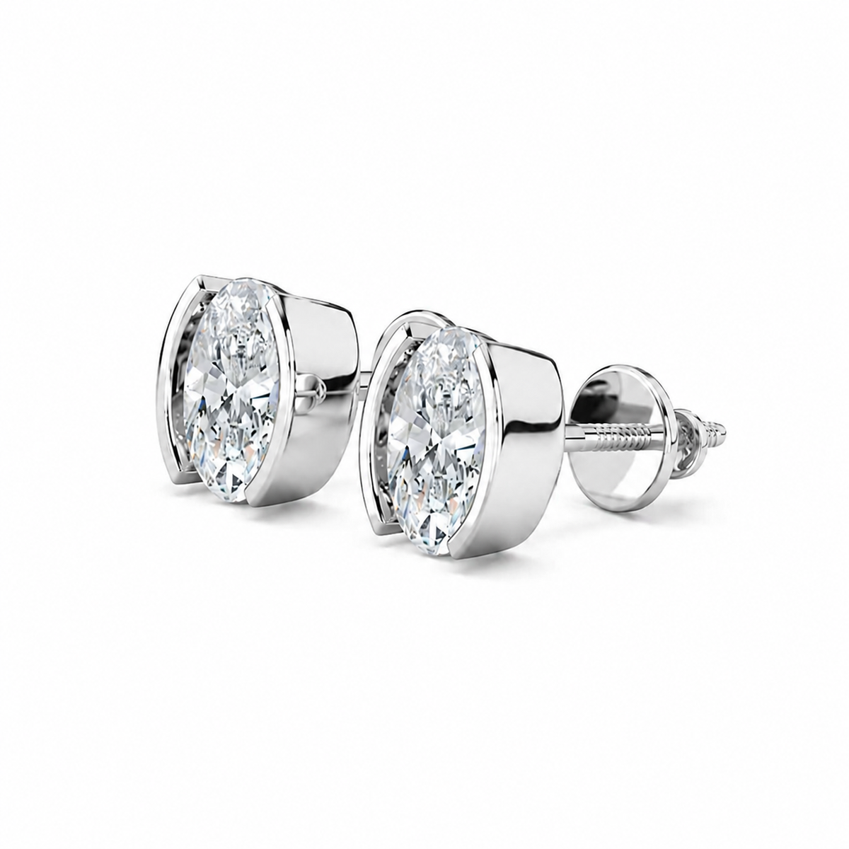 Oval Cut Diamond Stud Earrings with Half Bezel Setting