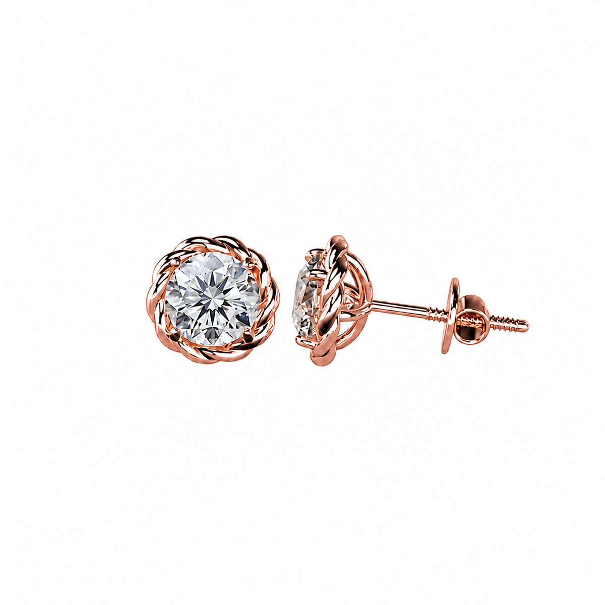 Round Cut Diamond Stud Earrings with Twisted Rope Frame