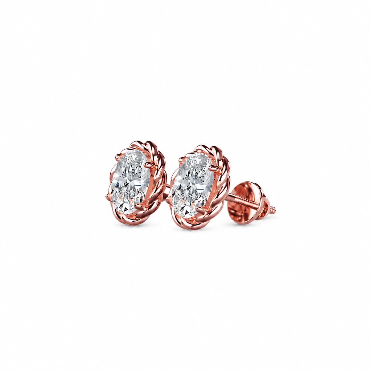 Oval Cut Diamond Stud Earrings with Twisted Rope Frame