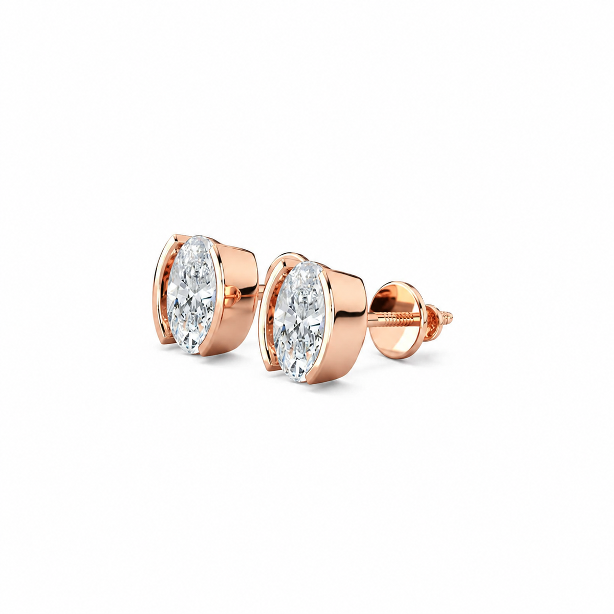 Oval Cut Diamond Stud Earrings with Half Bezel Setting