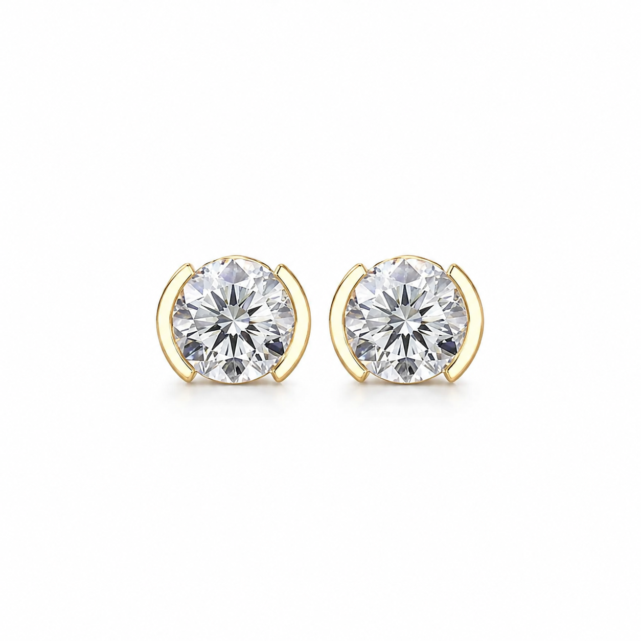 Round Shape Diamond Stud Earrings with Half Bezel Setting