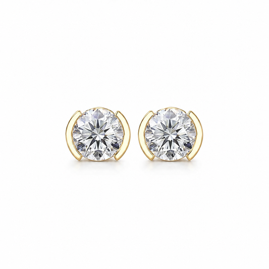 Round Shape Diamond Stud Earrings with Half Bezel Setting