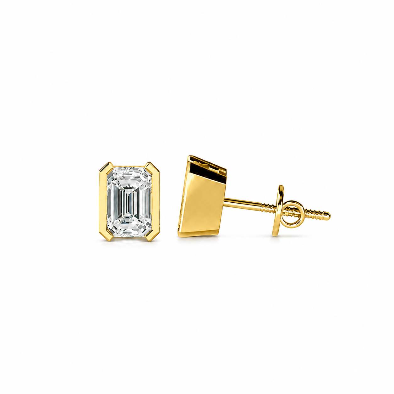Emerald Cut Diamond Stud Earrings with Half Bezel Setting