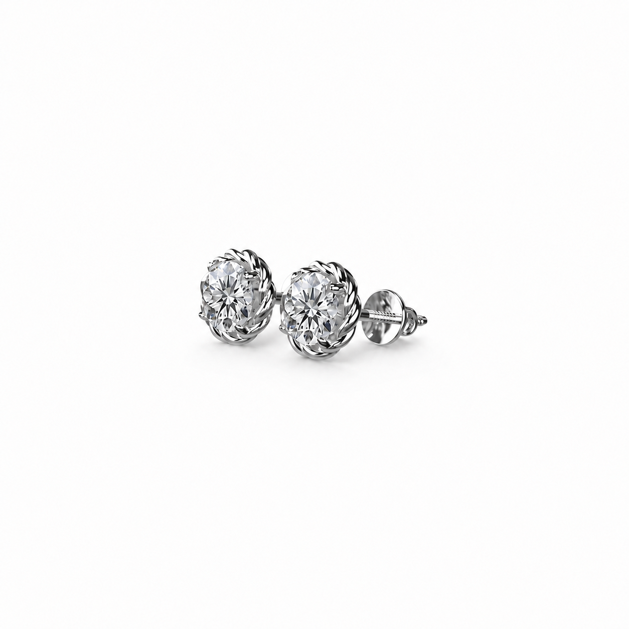 Round Cut Diamond Stud Earrings with Twisted Rope Frame