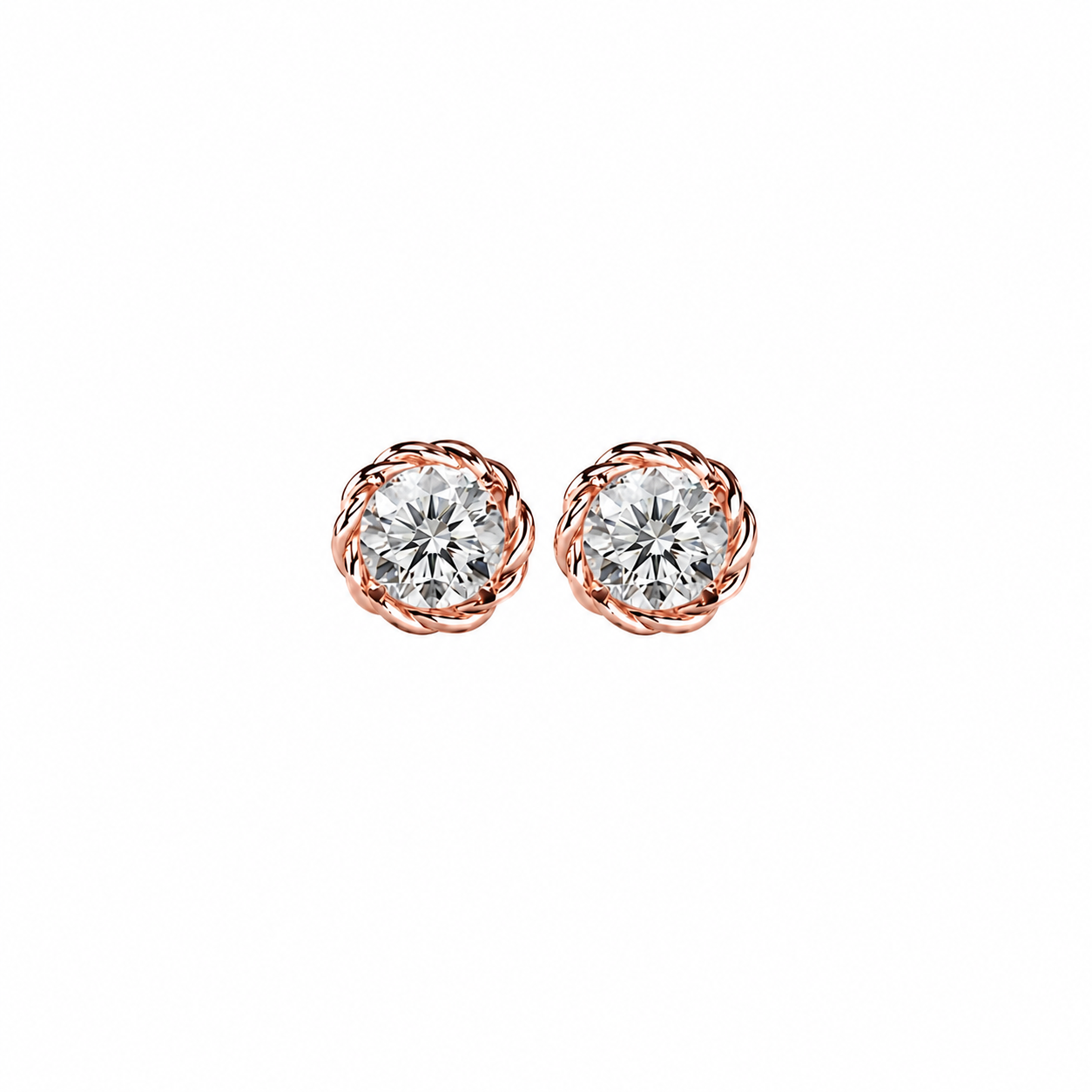 Round Cut Diamond Stud Earrings with Twisted Rope Frame