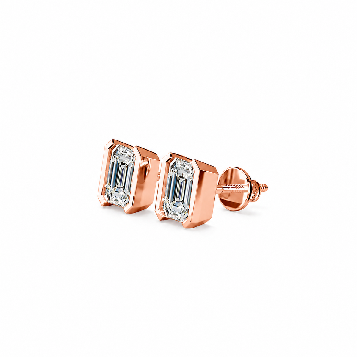 Emerald Cut Diamond Stud Earrings with Half Bezel Setting