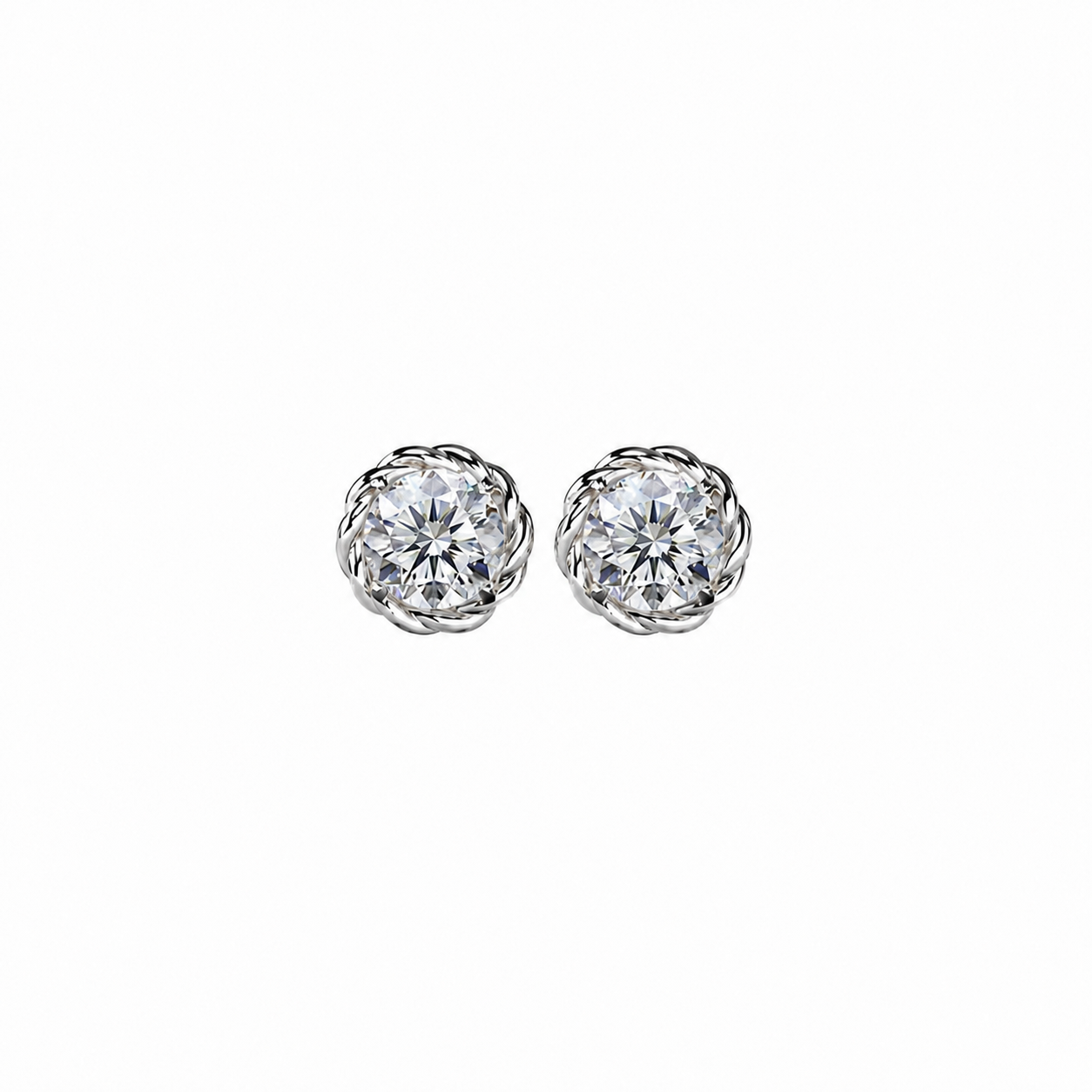 Round Cut Diamond Stud Earrings with Twisted Rope Frame