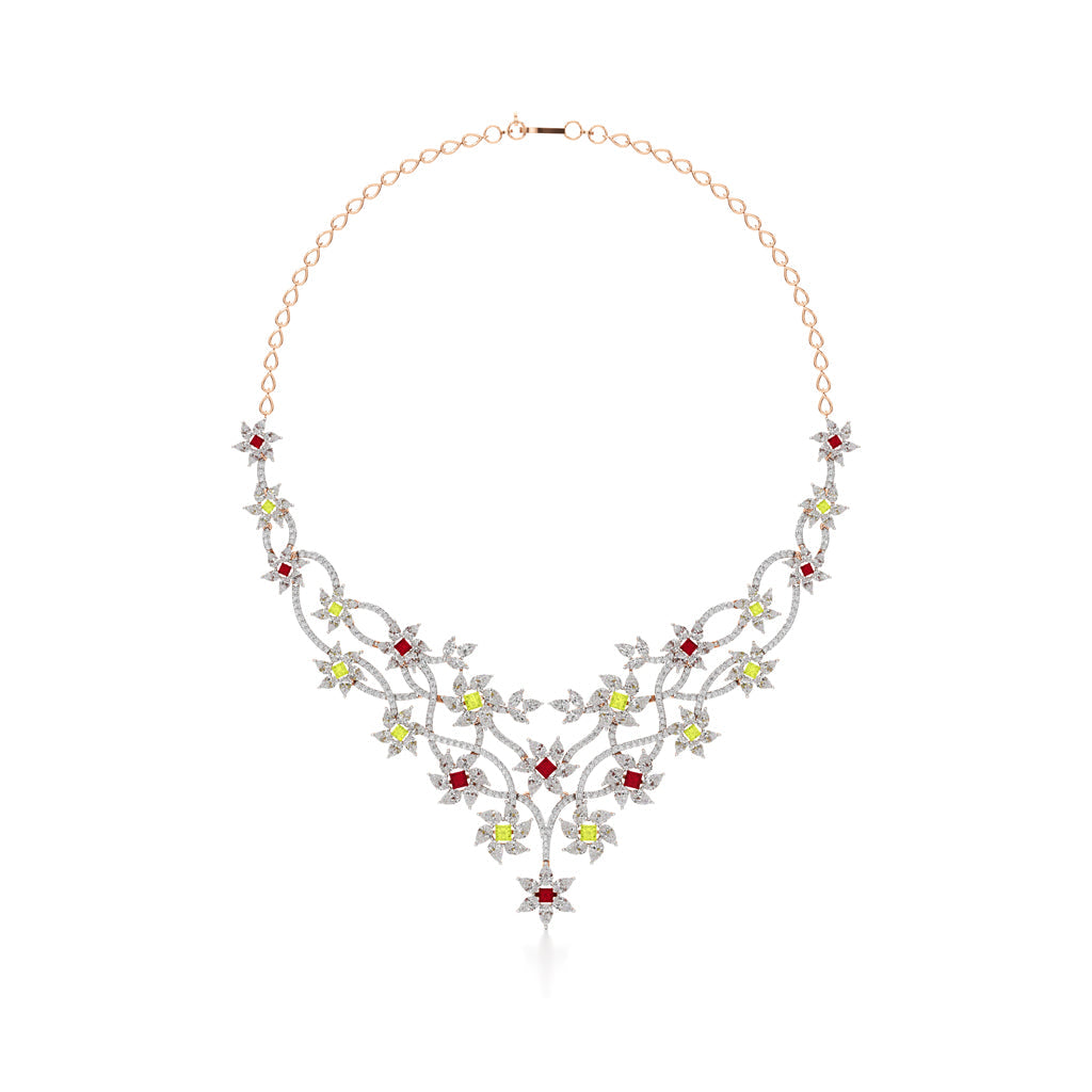 Diamond & Multi-Color Bloom Statement For Women Necklace