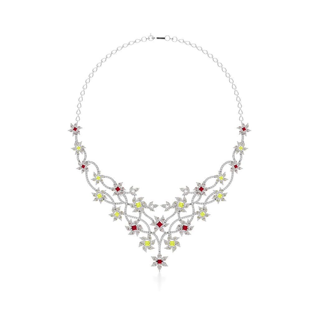 Diamond & Multi-Color Bloom Statement For Women Necklace