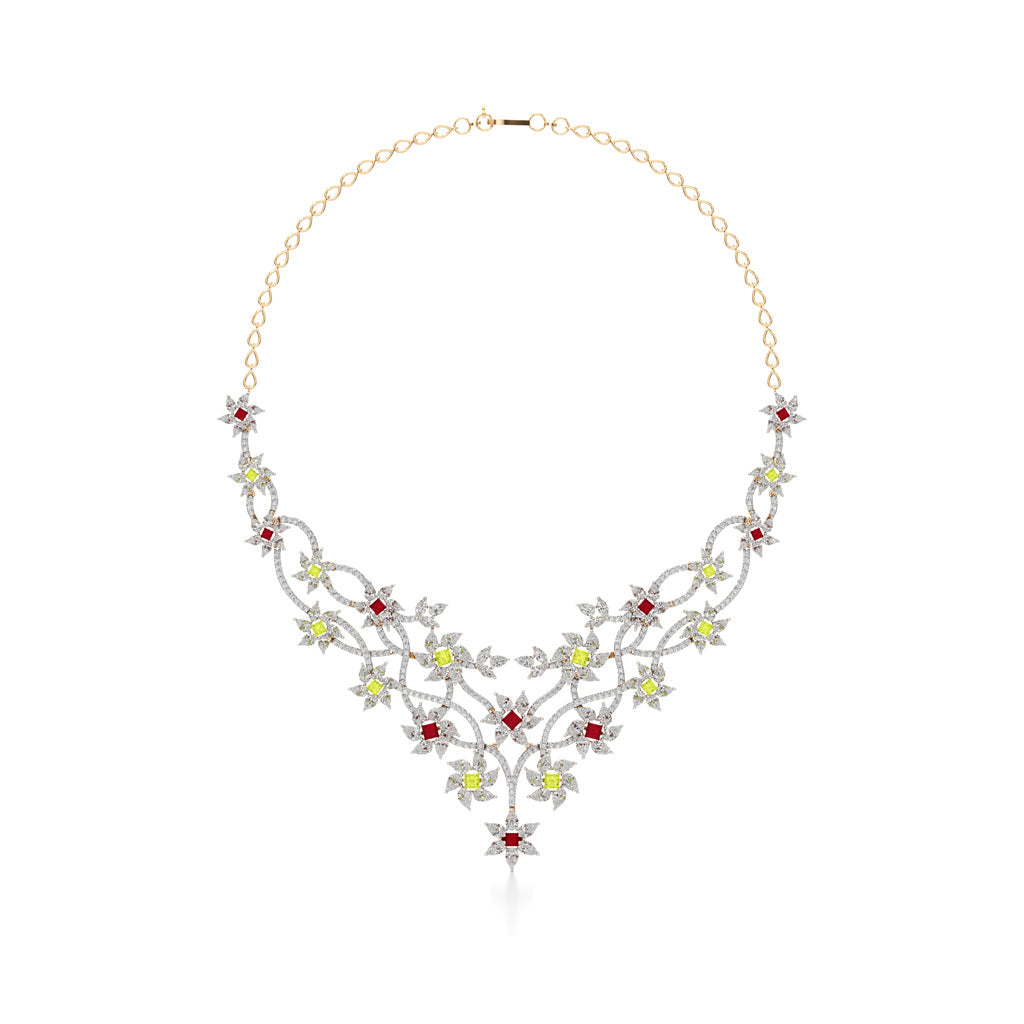 Diamond & Multi-Color Bloom Statement For Women Necklace