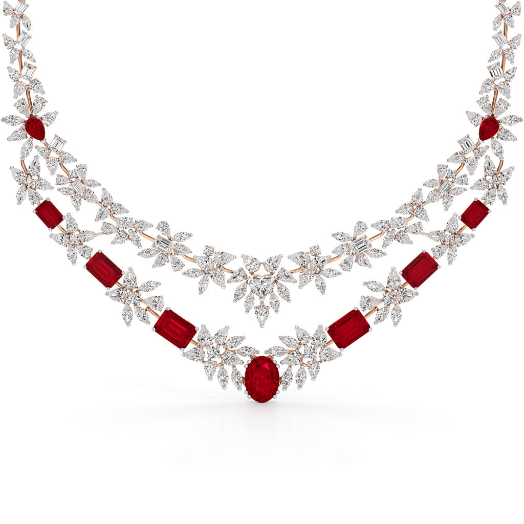 Diamond & Ruby Red Floral Cascade Necklace