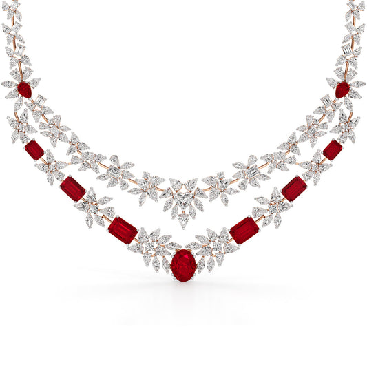 Diamond & Ruby Red Floral Cascade Necklace