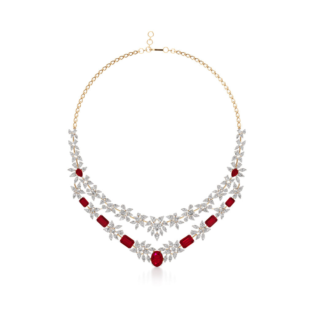 Diamond & Ruby Red Floral Cascade Necklace
