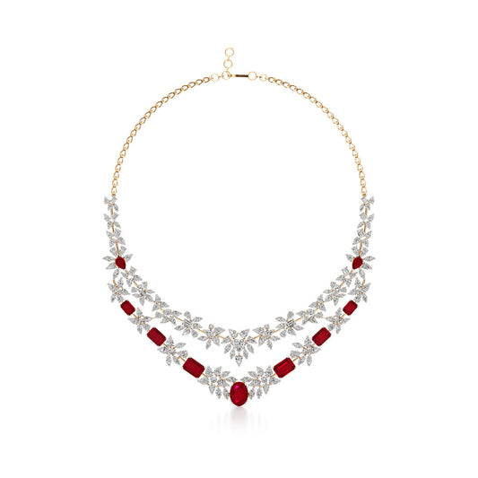 Diamond & Ruby Red Floral Cascade Necklace
