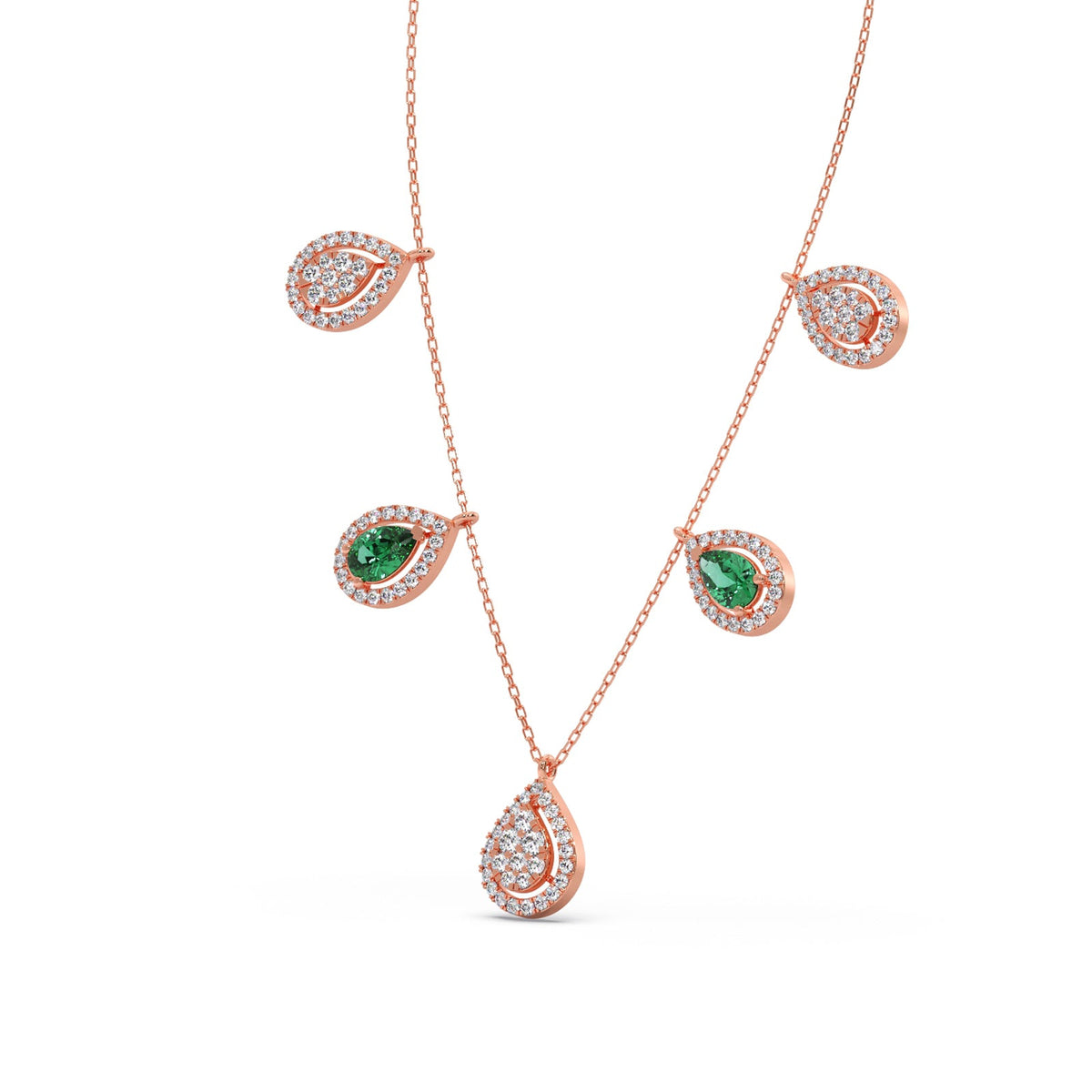 Round Diamond with Pear Shape Green Gemstone Necklace