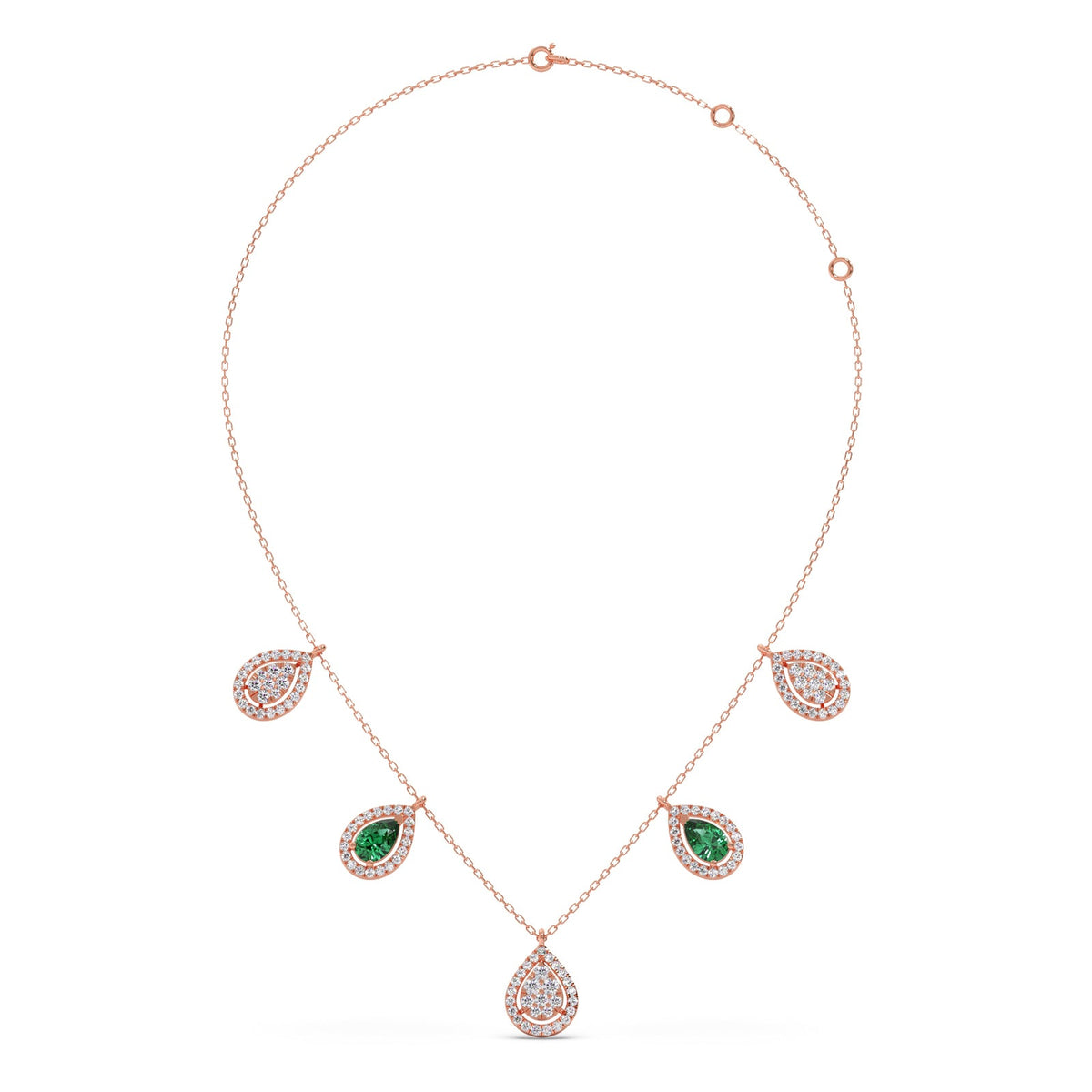 Round Diamond with Pear Shape Green Gemstone Necklace
