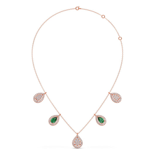 Round Diamond with Pear Shape Green Gemstone Necklace