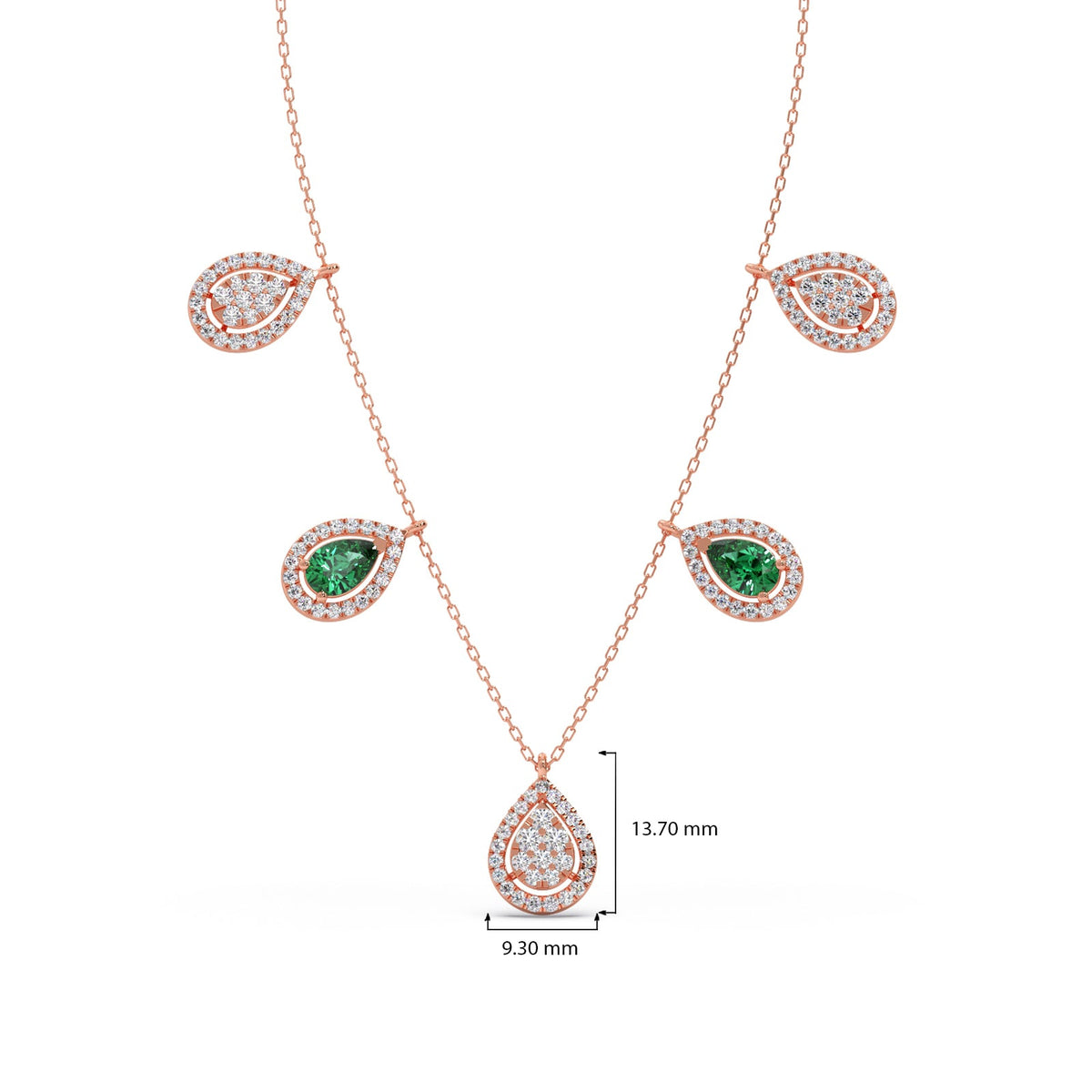 Round Diamond with Pear Shape Green Gemstone Necklace