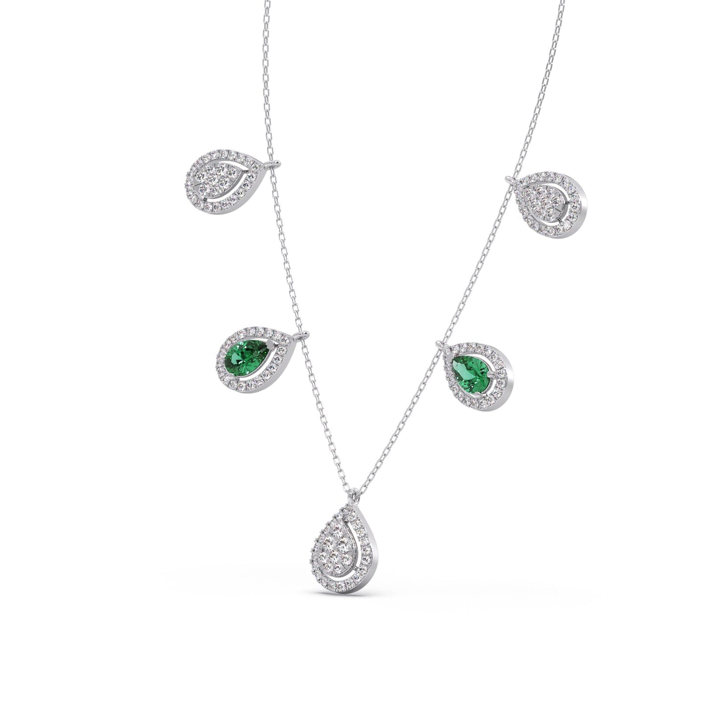Round Diamond with Pear Shape Green Gemstone Necklace