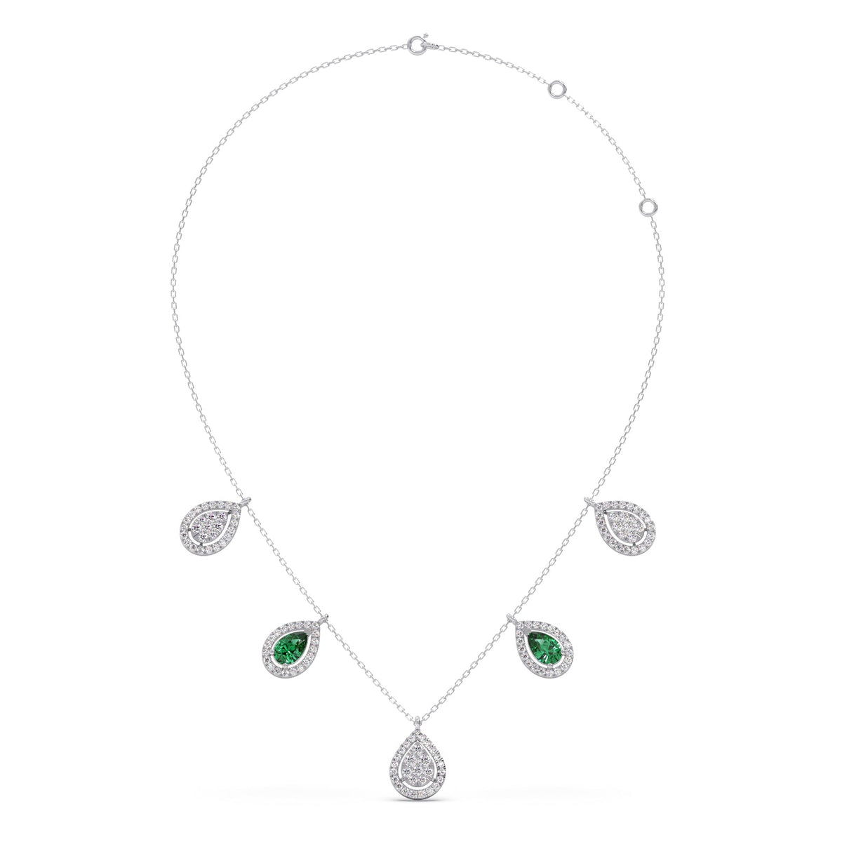 Round Diamond with Pear Shape Green Gemstone Necklace