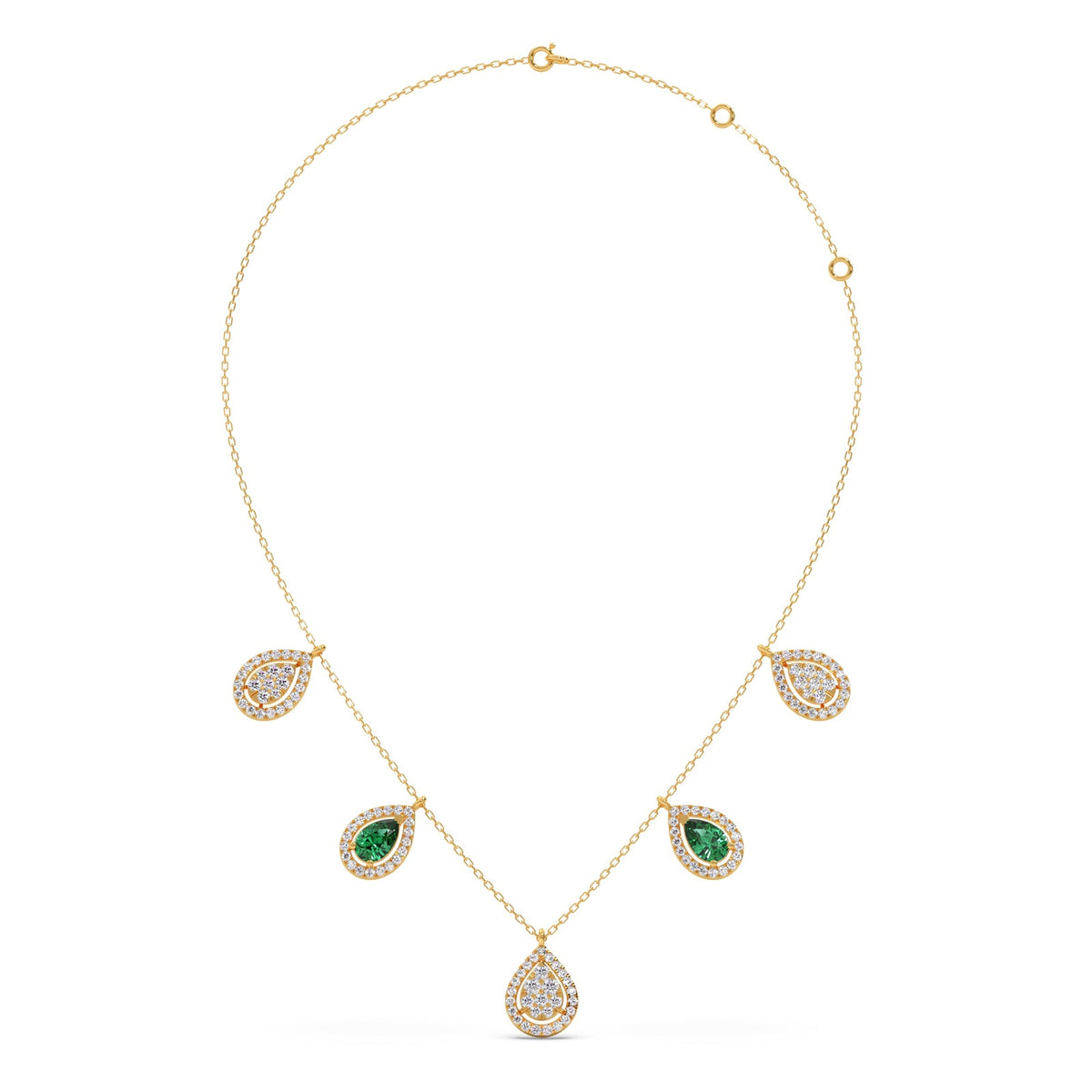 Round Diamond with Pear Shape Green Gemstone Necklace