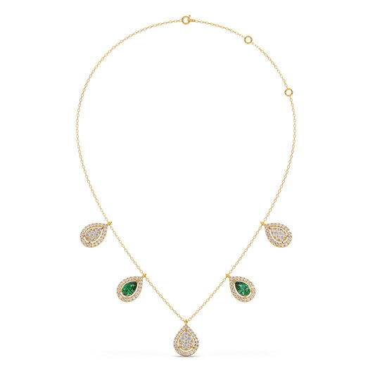 Round Diamond with Pear Shape Green Gemstone Necklace