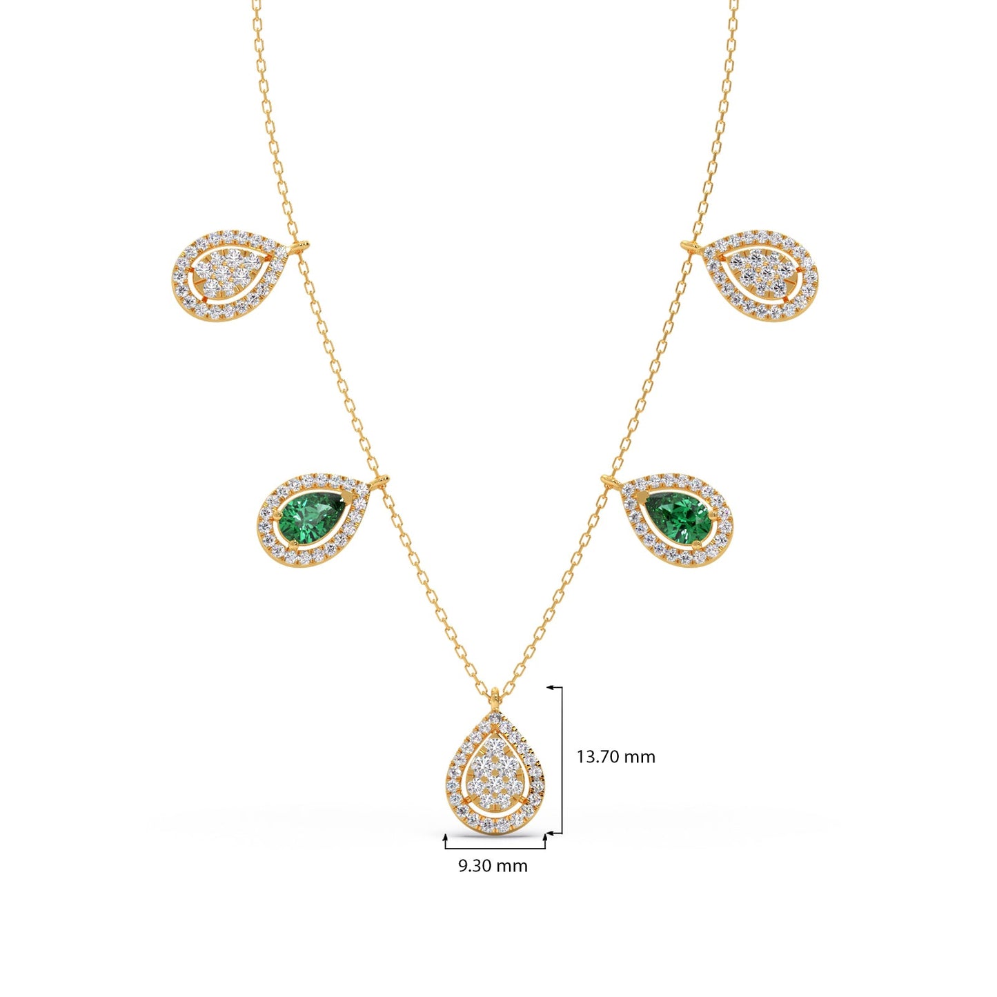 Round Diamond with Pear Shape Green Gemstone Necklace