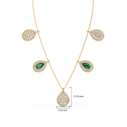 Round Diamond with Pear Shape Green Gemstone Necklace