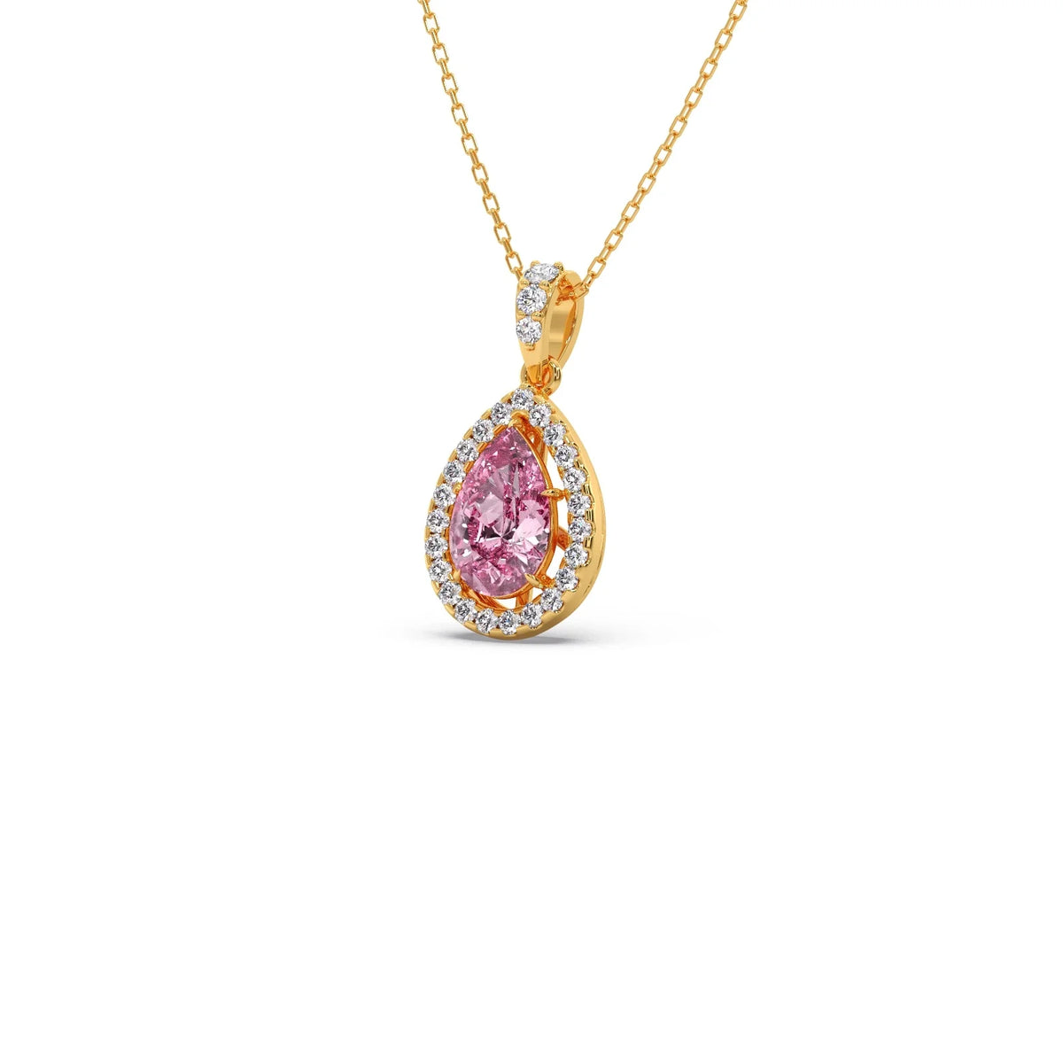 Round Diamond With Pear-Shaped Morganite Gemstone Halo Pendant