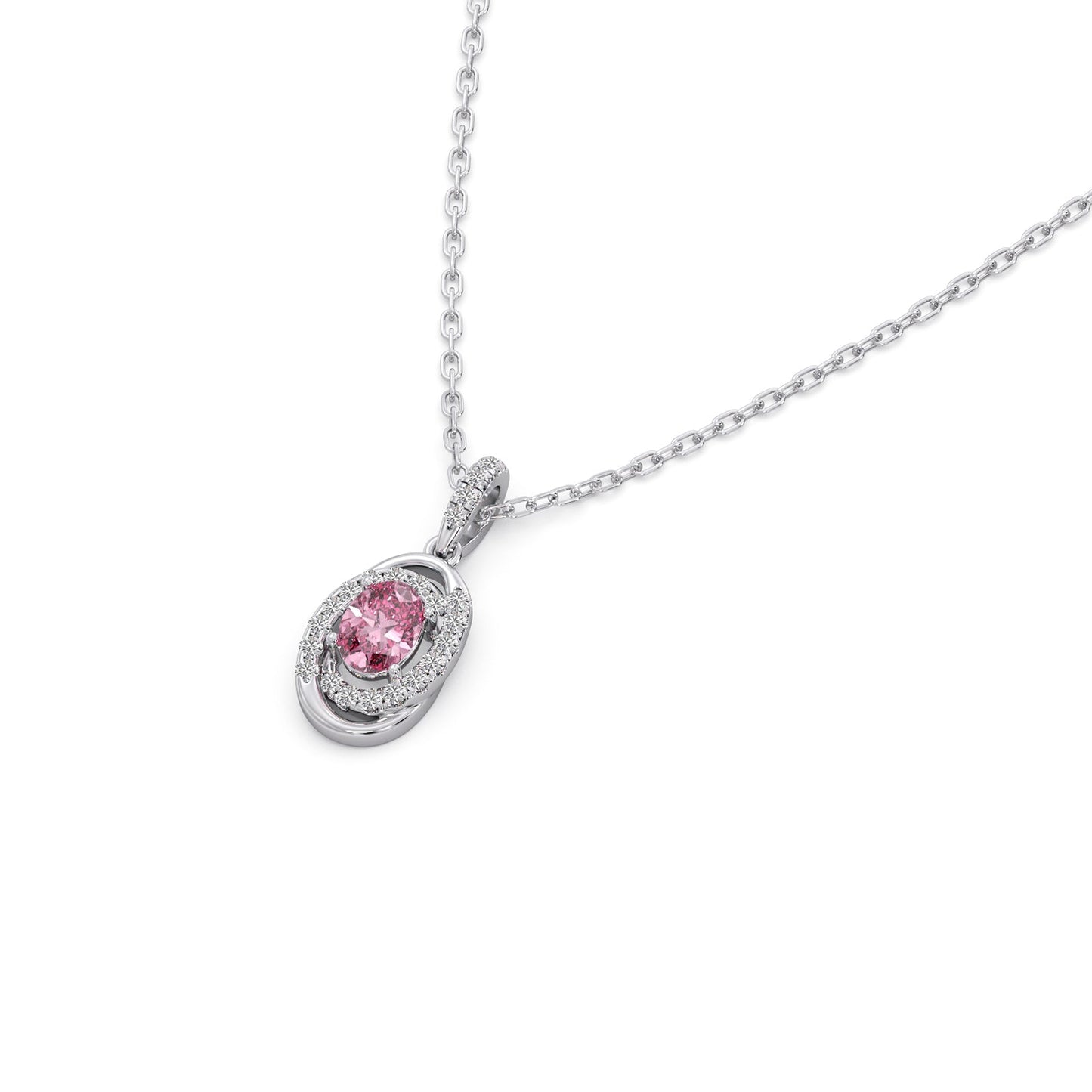 Oval-Cut Pink Gemstone with Round Diamond Halo Pendant
