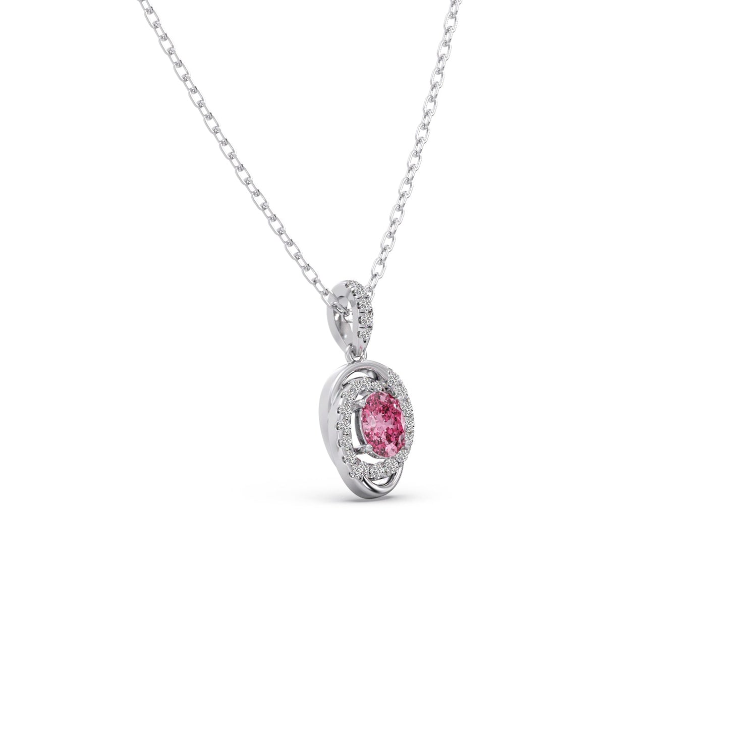 Oval-Cut Pink Gemstone with Round Diamond Halo Pendant