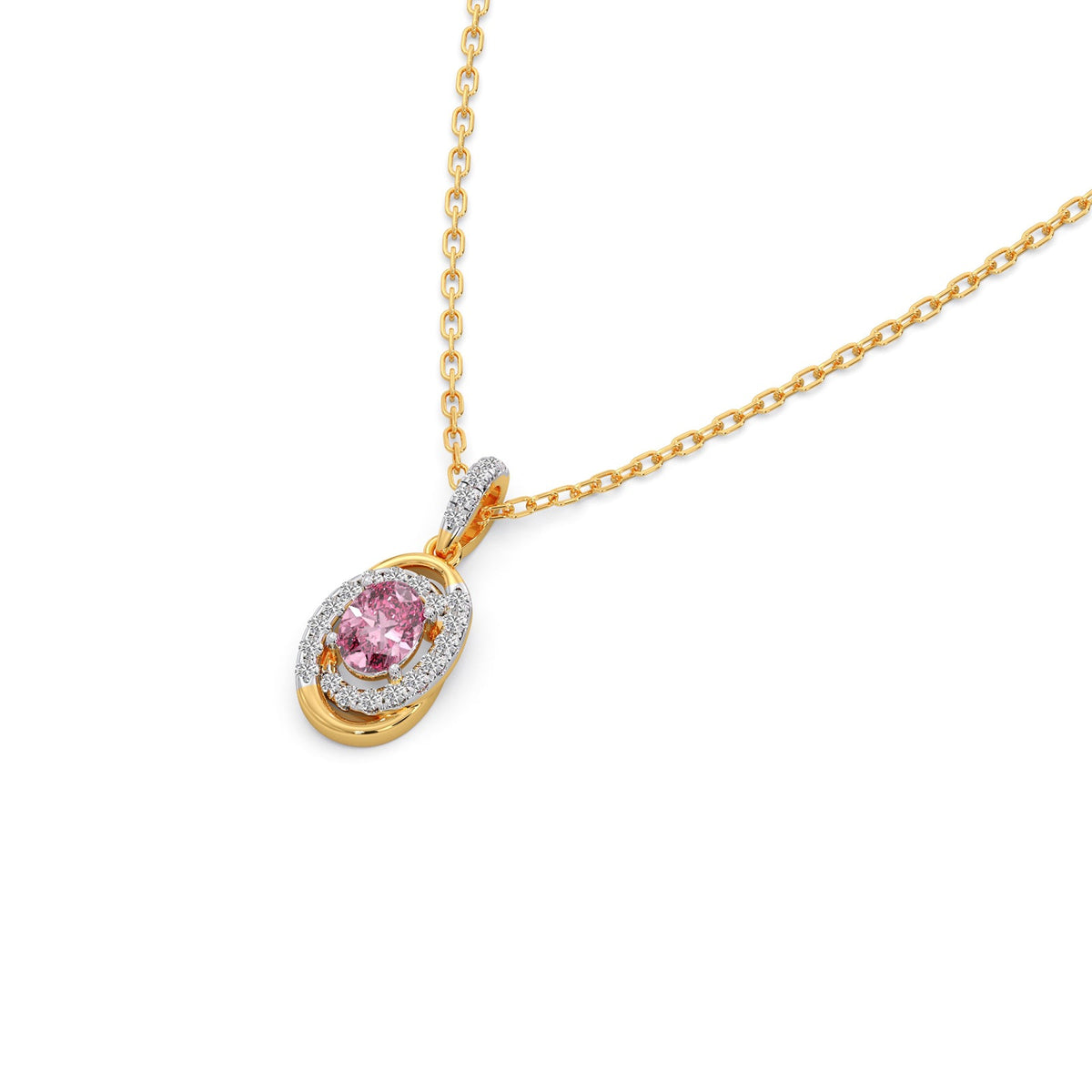 Oval-Cut Pink Gemstone with Round Diamond Halo Pendant