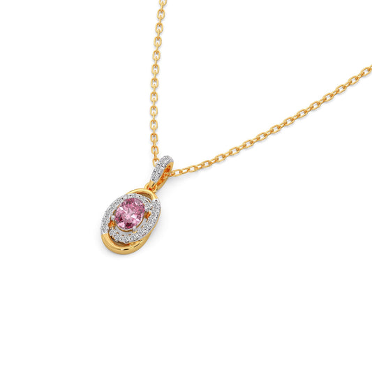 Oval-Cut Pink Gemstone with Round Diamond Halo Pendant